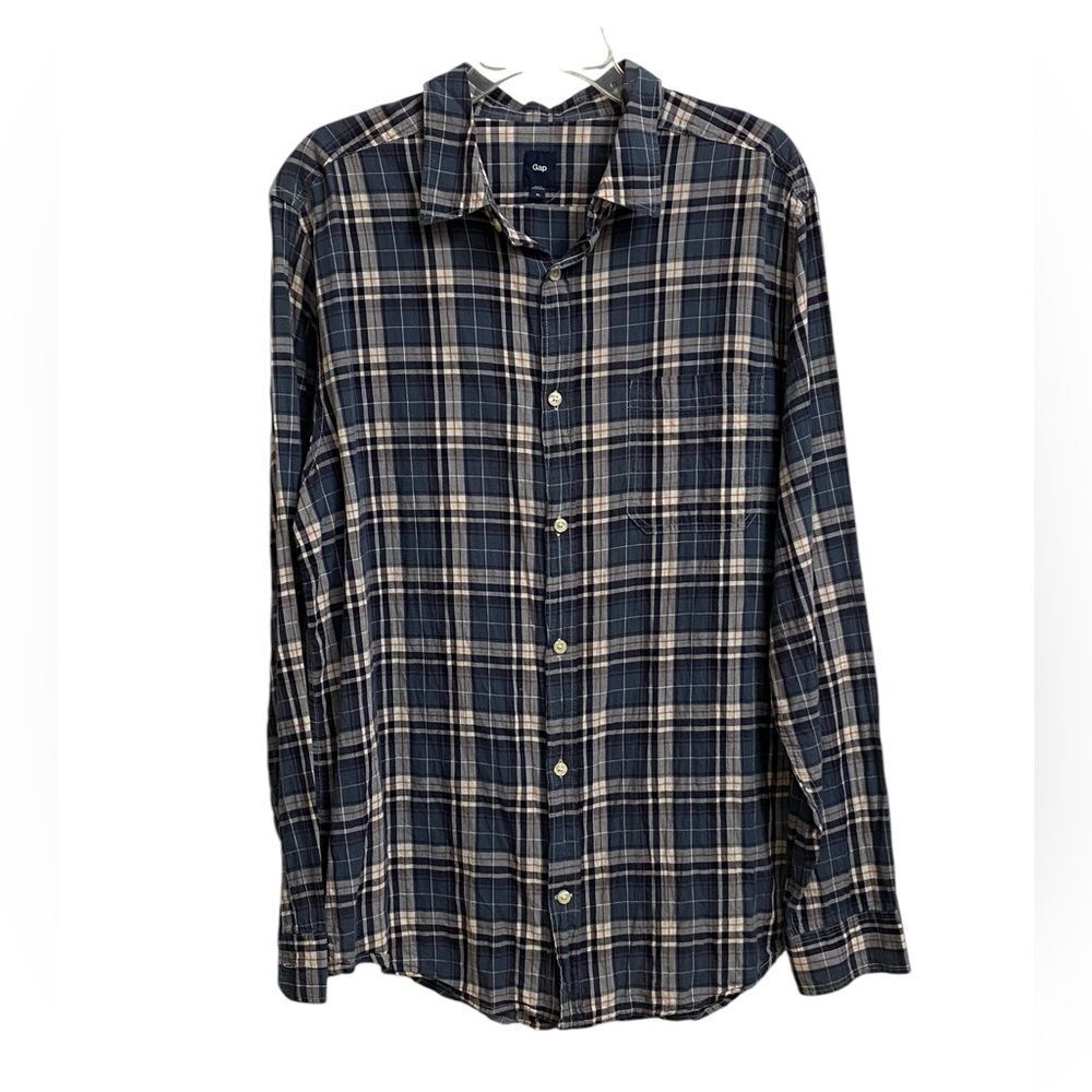 Gap Men's Lightweight Plaid Shirt XL Blue Grey Red Cotton Pocket Preppy Academia